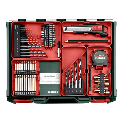 Metabo BS 18 Set trapano avvitatore a batteria 18 V 48 Nm ( 602207710 ) + 2x batteria 2,0 Ah + caricatore + 74 pezzi officina mobile + valigetta