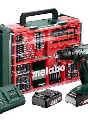 Metabo BS 18 Zestaw akumulatorowa wiertarko-wkrętarka 18 V 48 Nm ( 602207710 ) + 2x akumulator 2,0 Ah + ładowarka + 74 szt. mobilny warsztat + walizka