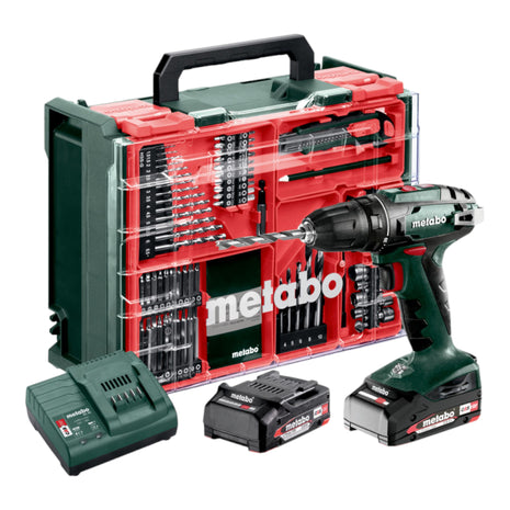 Metabo BS 18 Set Akku Bohrschrauber 18 V 48 Nm ( 602207710 ) + 2x Akku 2,0 Ah + Ladegerät + 74 tlg. mobile Werkstatt + Koffer