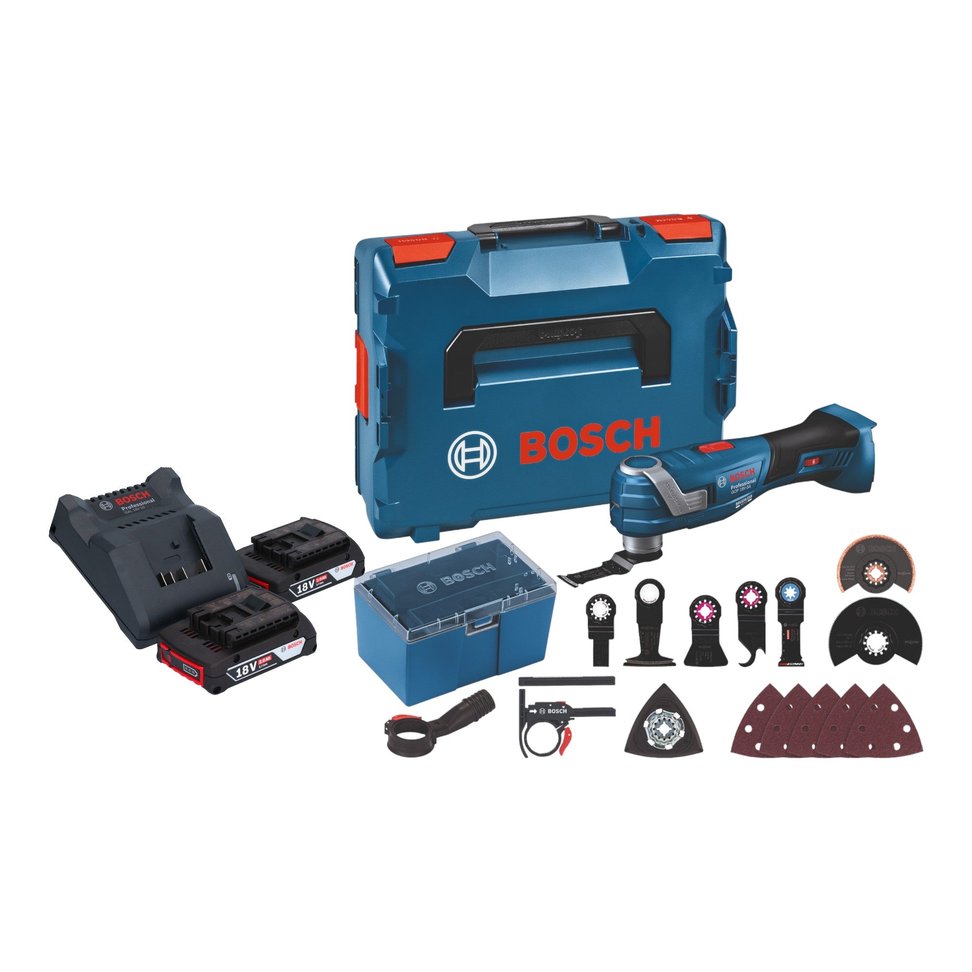 Bosch GOP 18V 34 Professional Akku Multi Cutter 18 V Starlock Plus 2x Akku 2 0 Ah Ladegeraet 17 tlg Zubehoer L Boxx 0 - toolbrothers