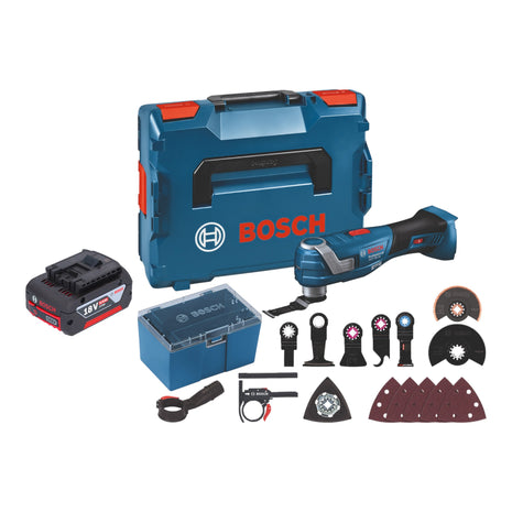 Bosch GOP 18V-34 Professional Akku Multi Cutter 18 V Starlock Plus + 1x Akku 4,0 Ah + 17 tlg. Zubehör + L-Boxx - ohne Ladegerät