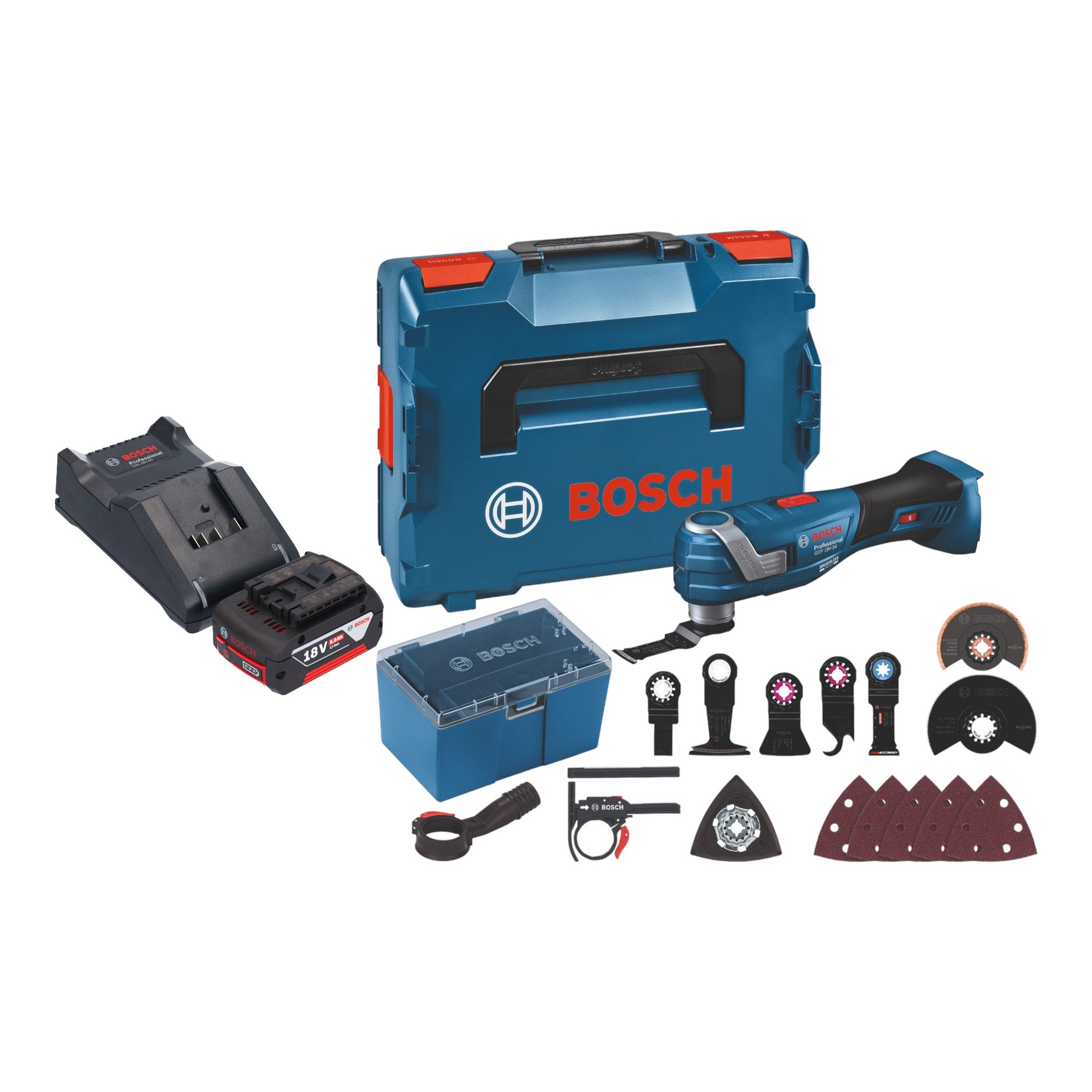 Bosch GOP 18V 34 Professional Akku Multi Cutter 18 V Starlock Plus 1x Akku 5 0 Ah Ladegeraet 17 tlg Zubehoer L Boxx 0 - toolbrothers