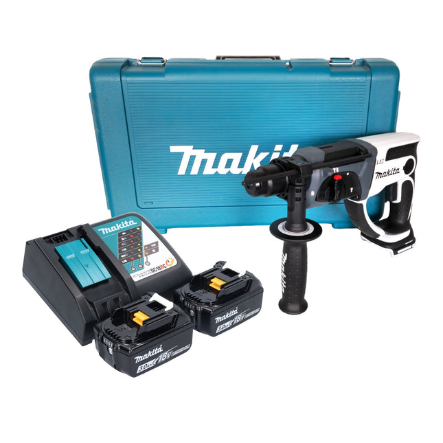 Taladro percutor inalámbrico Makita DHR 202 RFW 18 V 20 mm 2,0 J blanco + 2x batería recargable 3,0 Ah + cargador + maletín