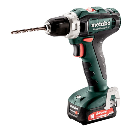 Juego de taladro atornillador a batería Metabo PowerMaxx BS 12 12 V 40 Nm (601036870) + 2 baterías 2,0 Ah + cargador + juego de accesorios + maletín