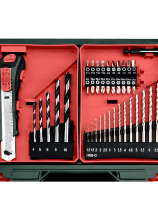 Metabo PowerMaxx SB Basic Set akumulatorowa wiertarko-wkrętarka udarowa 12 V 34 Nm ( 600385710 ) + 2x akumulator 2,0 Ah + ładowarka + 41-częściowy zestaw akcesoriów + walizka