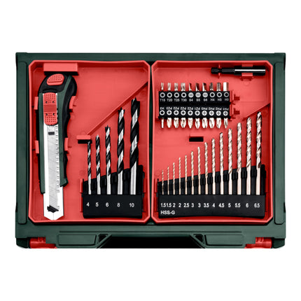 Metabo PowerMaxx SB Basic Set akumulatorowa wiertarko-wkrętarka udarowa 12 V 34 Nm ( 600385710 ) + 2x akumulator 2,0 Ah + ładowarka + 41-częściowy zestaw akcesoriów + walizka