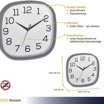 TFA Dostmann Wanduhr ( 9000486867 ) Quarzuhr Kunststoff grau Zahlen, analog