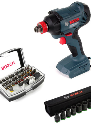 Bosch GDX 18 V-180 Li-Ion Akku Drehschlagschrauber Solo 180 Nm, 1/4" Innensechskant, 1/2" Außenvierkant + Steckschlüssel + 32 tlg. Bit-Set - ohne Akku, ohne Ladegerät - Toolbrothers