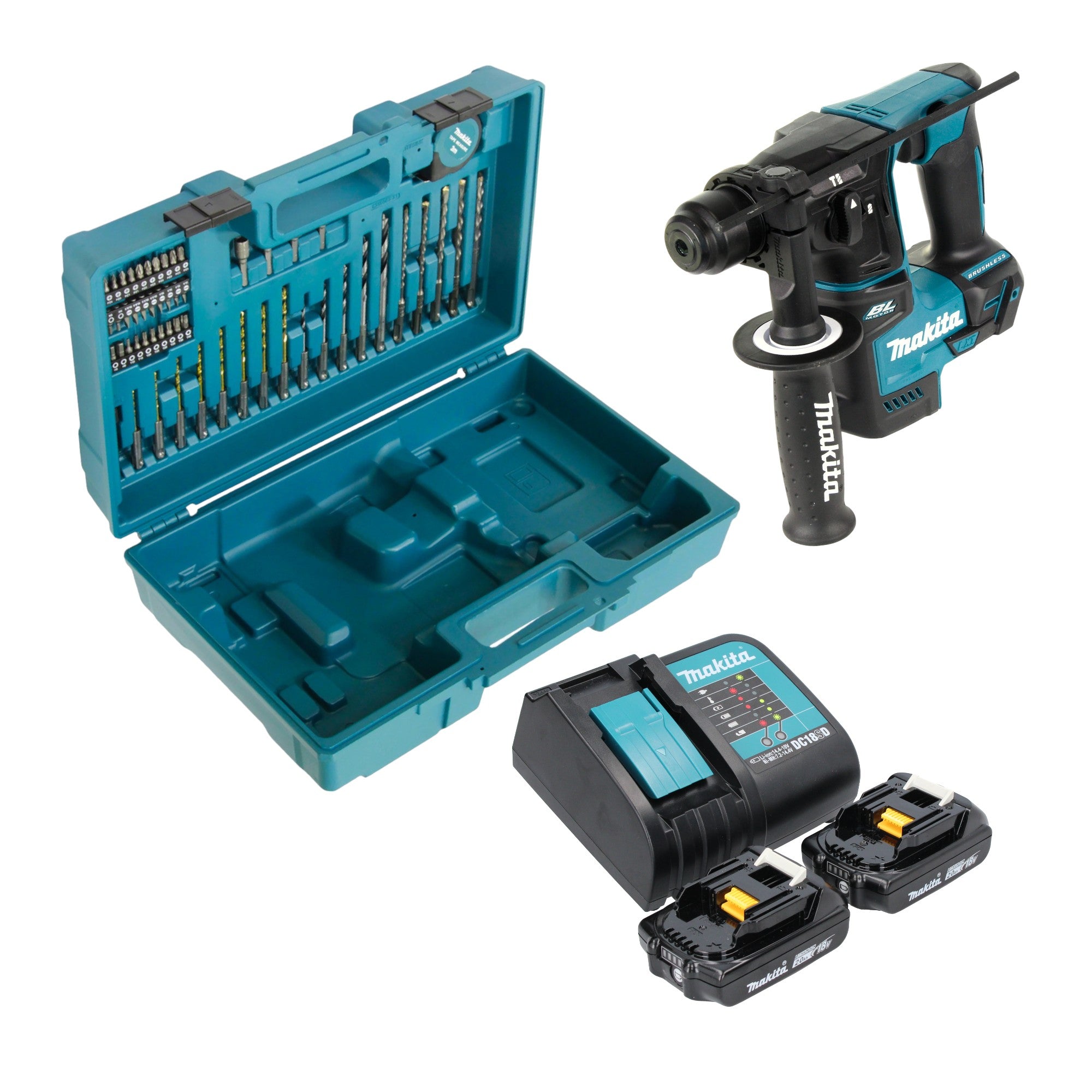 Makita DHR 171 SAX3 Akku Bohrhammer 18 V 1 2 J SDS Plus Brushless 2x Akku 2 0 Ah Ladegeraet 65 tlg Zubehoer Set Koffer 0 - toolbrothers