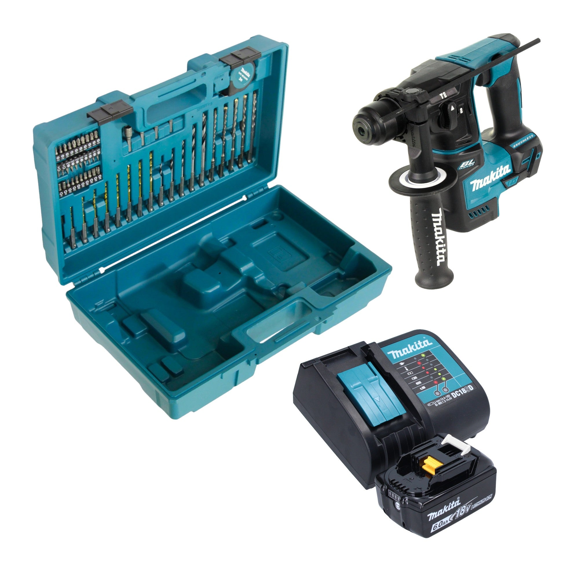 Makita DHR 171 SG1X3 Akku Bohrhammer 18 V 1 2 J SDS Plus Brushless 1x Akku 6 0 Ah Ladegeraet 65 tlg Zubehoer Set Koffer 0 - toolbrothers