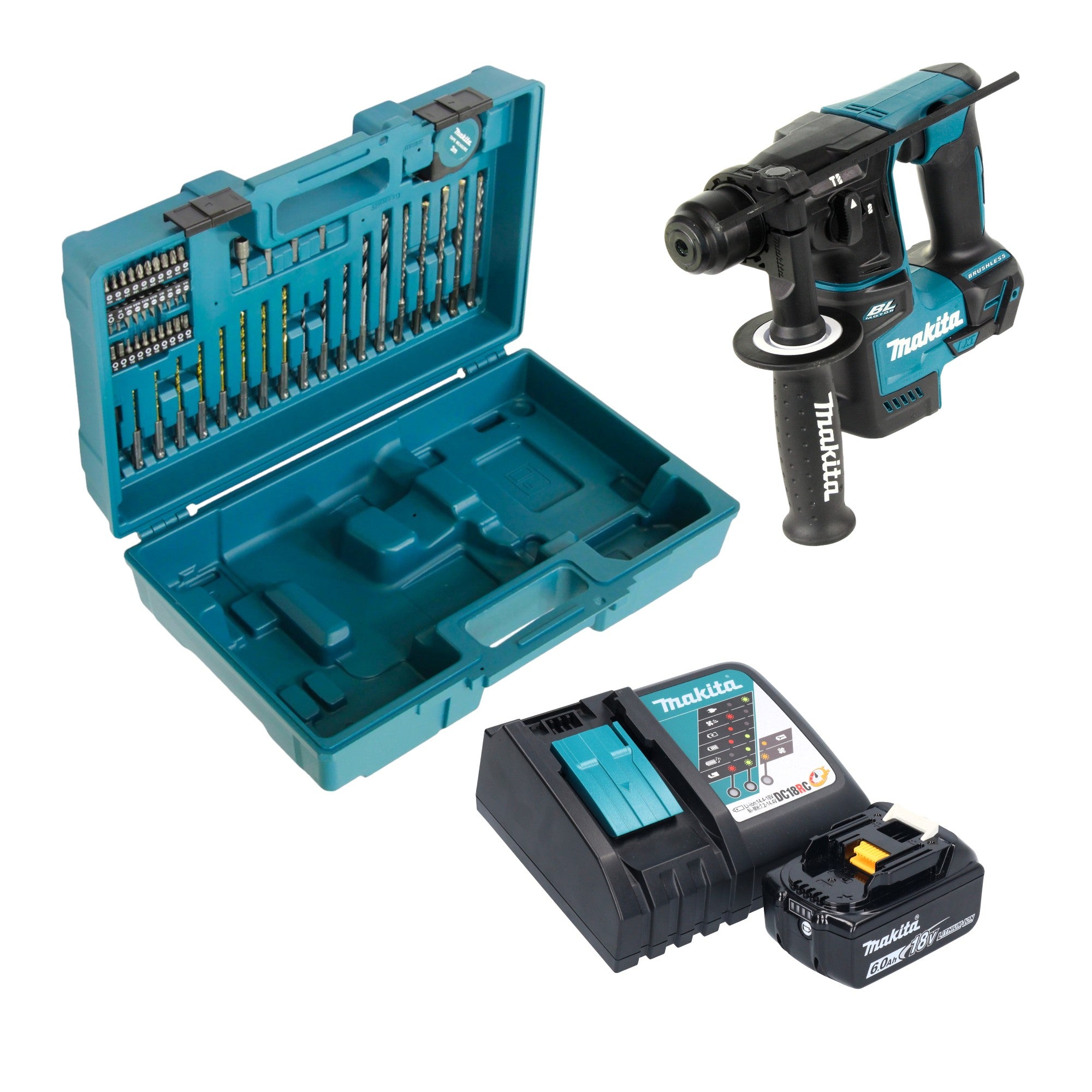 Makita DHR 171 RG1X3 Akku Bohrhammer 18 V 1 2 J SDS Plus Brushless 1x Akku 6 0 Ah Ladegeraet 65 tlg Zubehoer Set Koffer 0 - toolbrothers