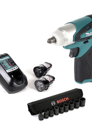 Makita TW 100 DWE Akku Schlagschrauber 10,8 V 3/8" + 2 x BL 1013 1,3 Ah Akku + DC 10 WA Ladegerät + 9 tlg. 3/8" Steckschlüsselset - Toolbrothers