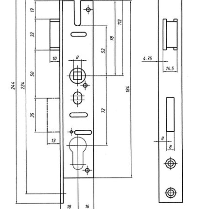 Bever tubular frame mortise lock ( 3322099051 ) PZW 24/30/72/8 mm DIN left / right deadbolt throw 11 mm 244 mm