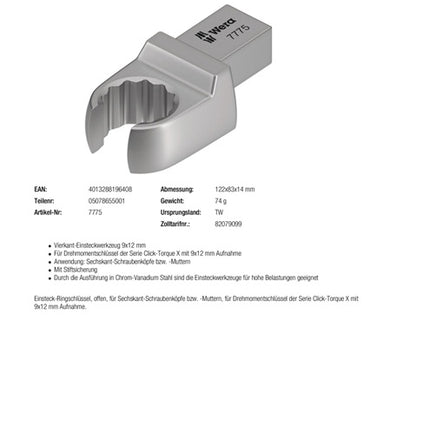 Llave de caja Wera 7775 ( 8000377418 ) Ancho de llave 17 mm 9 x 12 mm