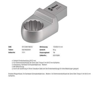 Llave de caja Wera 7771 ( 8000377406 ) Ancho de llave 17 mm 9 x 12 mm