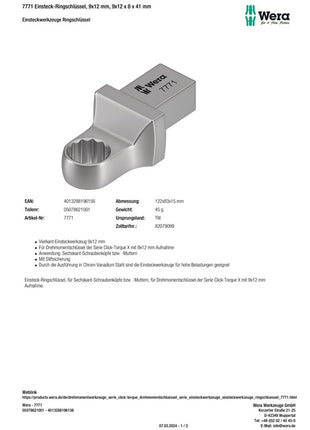 Clé polygonale à insérer Wera 7771 (8000377411), taille de clé 8 mm 9 x 12 mm