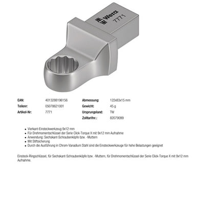 Clé polygonale à douille Wera 7771 ( 8000377411 ) ouverture de clé 8 mm 9 x 12 mm