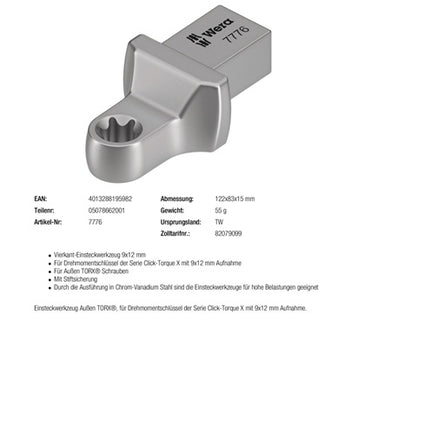 Llave de vaso Wera 7776 ( 8000377438 ) Ancho de llave TX 10 9 x 12 mm