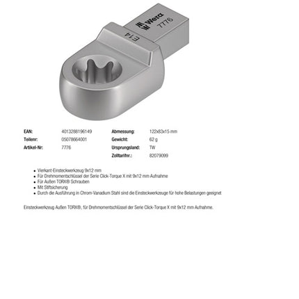 Chiave a bussola Wera 7776 ( 8000377440 ) Larghezza tra i piani TX 14 9 x 12 mm