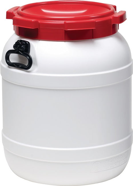 Fusto a collo largo ( 9000450104 ) 55,0 l PE bianco con coperchio rosso Apertura di riempimento Ø 282 mm