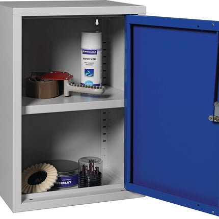 Szafka ścienna ( 9000453657 ) H600xW400xD300 mm z litej blachy, 1 półka jasnoszara, RAL 7035/niebieska, RAL 5010