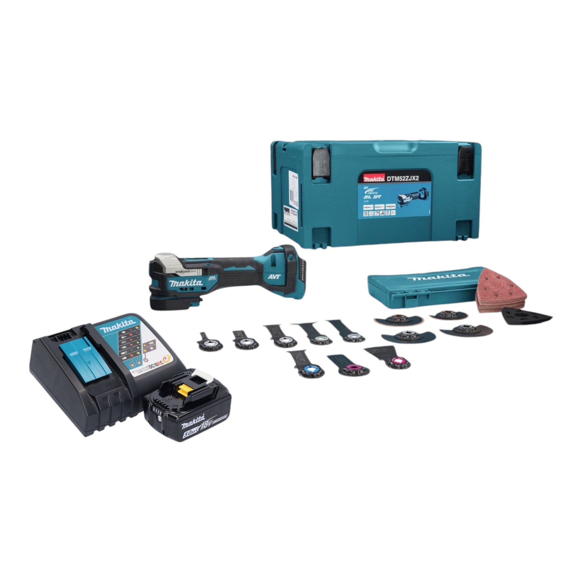 Makita DTM 52 T1JX2 Akku Multifunktionswerkzeug 18 V Starlock Max Brushless 1x Akku 5 0 Ah Ladegeraet 43 tlg Zubehoerset Makpac 0 - toolbrothers