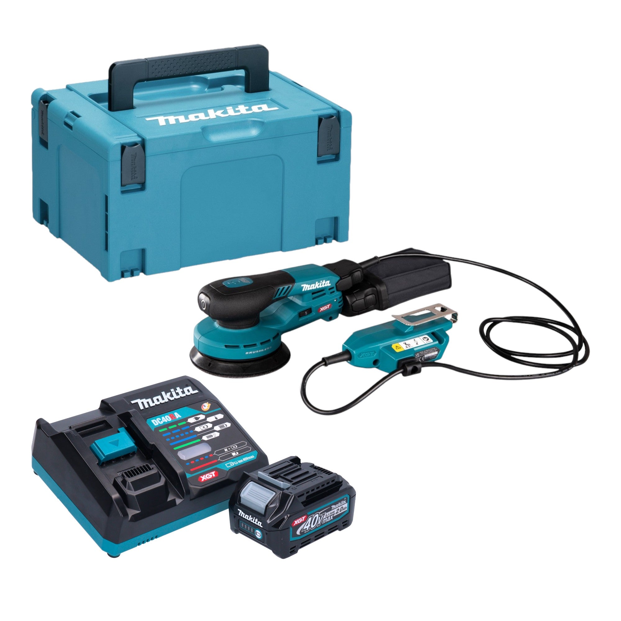 Makita BO 001 CGA101 Akku Exzenterschleifer 40 V max 125 mm 5 0 mm Hub Brushless 1x Akku 2 0 Ah Ladegeraet Makpac 0 - toolbrothers