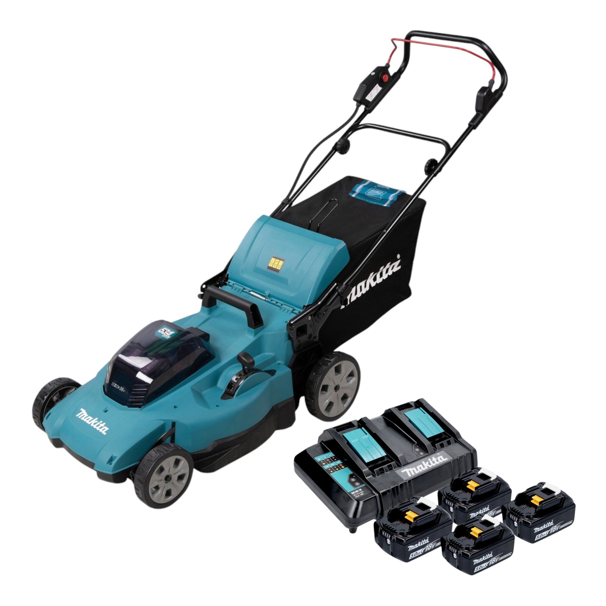 Makita DLM 538 CT4 Akku Rasenmaeher 36 V 2x 18 V 530 mm 4x Akku 5 0 Ah Ladegeraet 0 - toolbrothers