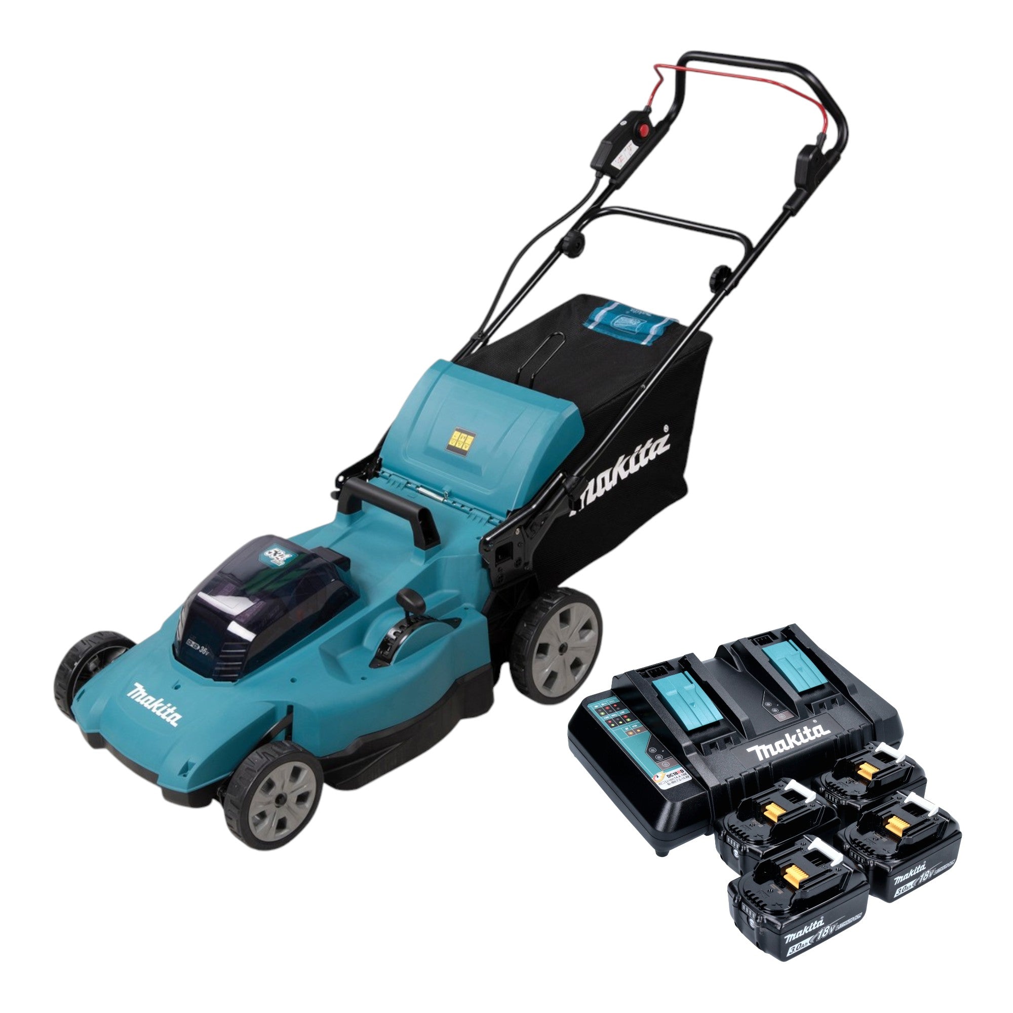 Makita DLM 538 PF4 Akku Rasenmaeher 36 V 2x 18 V 530 mm 4x Akku 3 0 Ah Ladegeraet 0 - toolbrothers