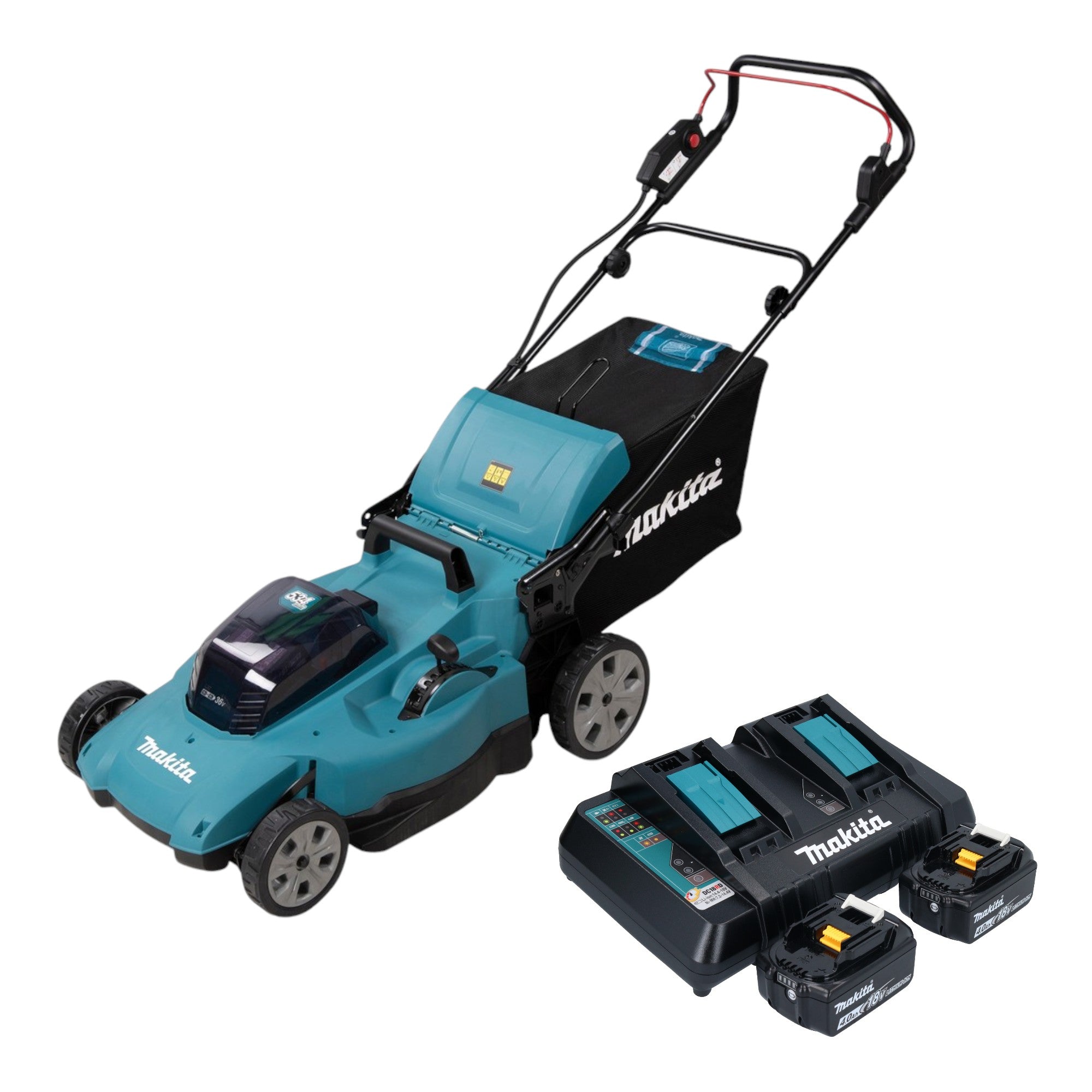 Makita DLM 538 PM2 Akku Rasenmaeher 36 V 2x 18 V 530 mm 2x Akku 4 0 Ah Ladegeraet 0 - toolbrothers