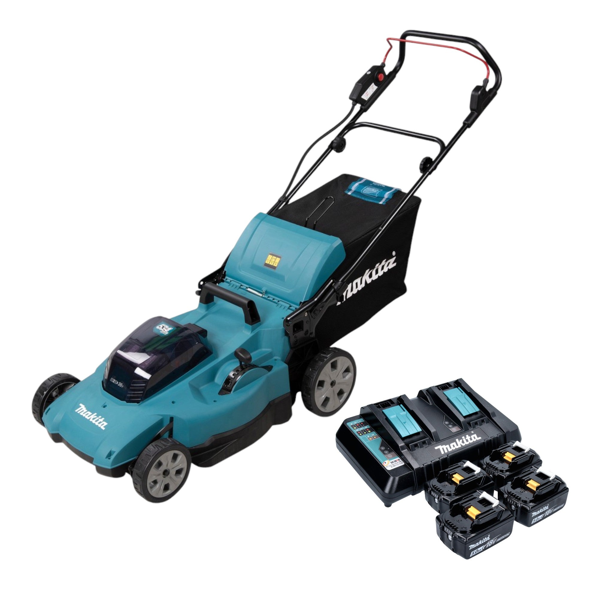 Makita DLM 538 PT4 Akku Rasenmaeher 36 V 2x 18 V 530 mm 4x Akku 5 0 Ah Ladegeraet 0 - toolbrothers