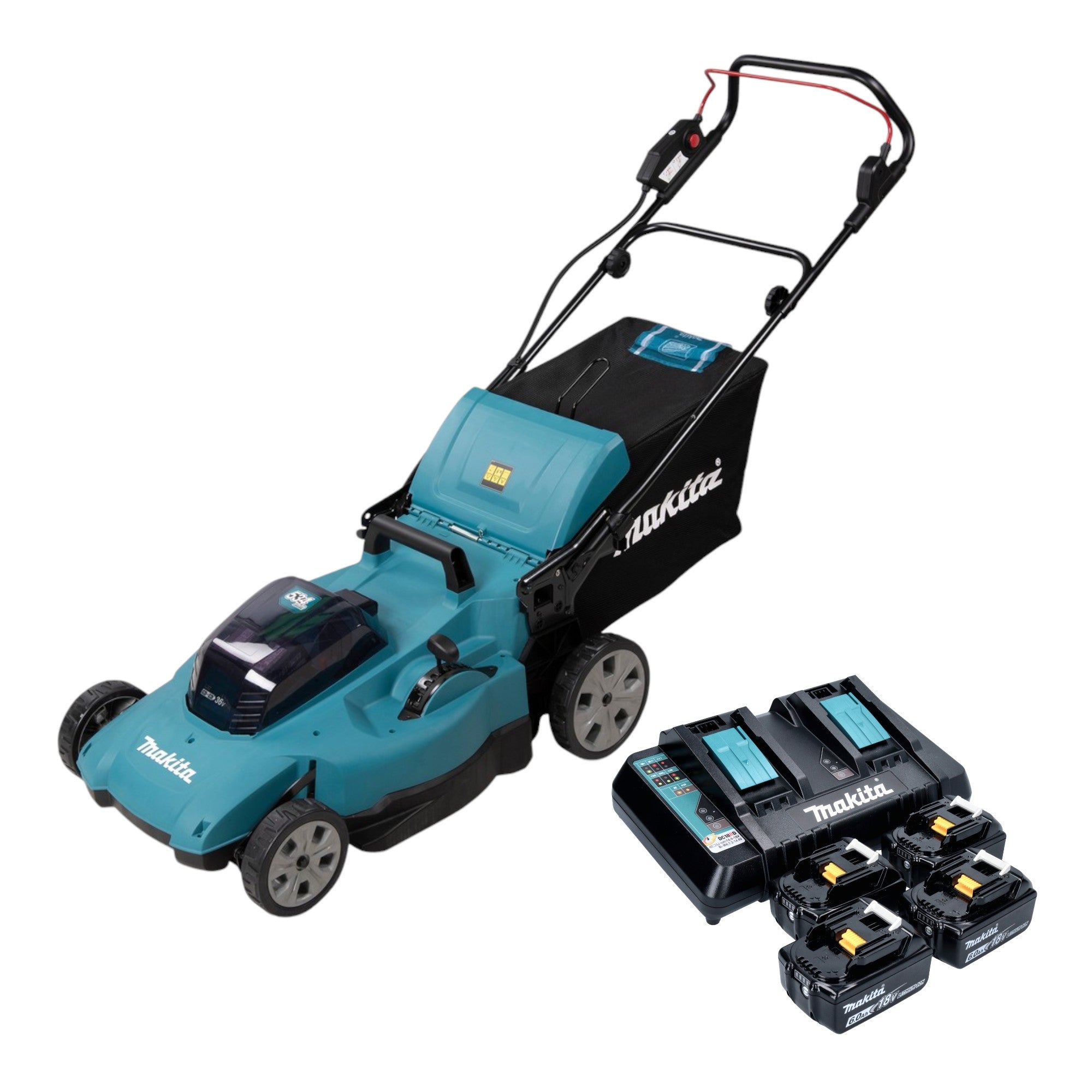 Makita DLM 538 PG4 Akku Rasenmaeher 36 V 2x 18 V 530 mm 4x Akku 6 0 Ah Ladegeraet 0 - toolbrothers