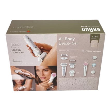 BRAUN Silk-épil 9 Flex 9-100 set di bellezza epilatore da donna / depilatore + spazzola per la pulizia del viso FaceSpa + 9 accessori + borsa bianco / oro
