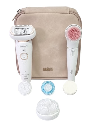 BRAUN Silk-pil 9 Flex 9-100 Coffret beauté Epilateur Femme + brosse nettoyante visage FaceSpa + 9 accessoires + housse blanche / dorée