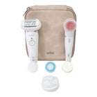 BRAUN Silk-épil 9 Flex 9-100 zestaw kosmetyczny depilator damski / depilator + szczoteczka do oczyszczania twarzy FaceSpa + 9 nasadek + torba biały / złoty