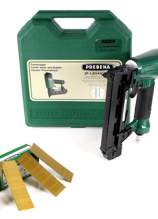 Prebena Druckluftnagler 2P-J/ES 40 COMBI 5 bis 7 Bar - im Transportkoffer + Prebena J 40 CNKHA Stauchkopfnägel Brads 40 mm 5000 Stück - Toolbrothers