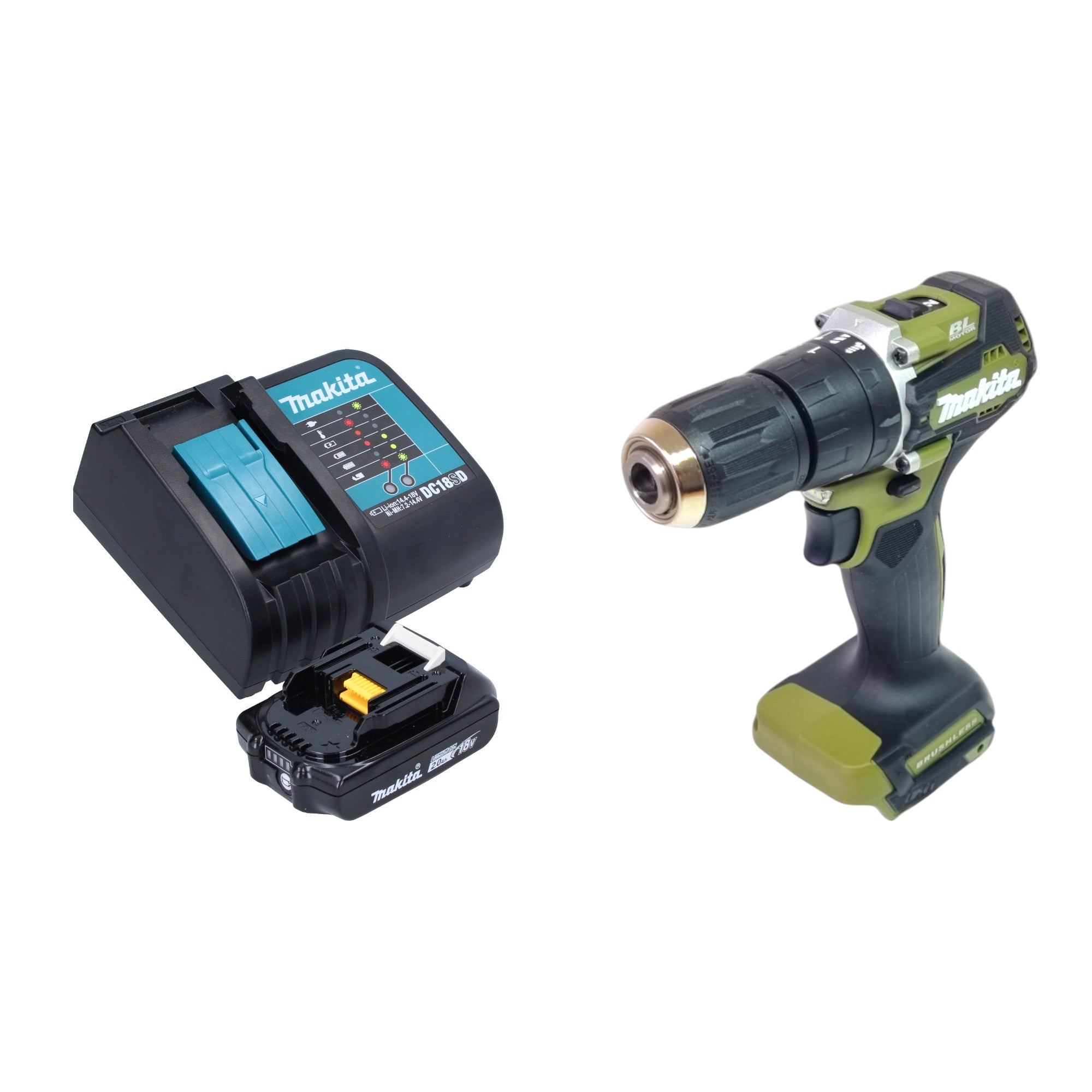 Makita DHP 487 SA1O Akku Schlagbohrschrauber 18 V 40 Nm Brushless Olive Outdoor Adventure Serie 1x Akku 2 0 Ah Ladegeraet 0 - toolbrothers