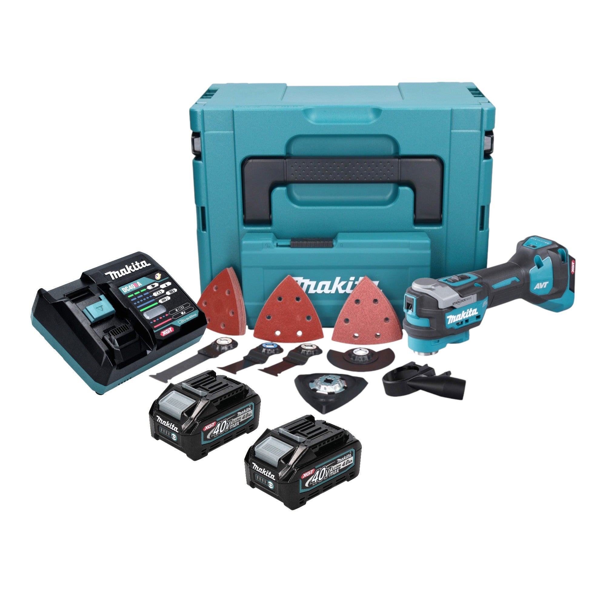 Makita TM 001 GM203 Akku Multifunktionswerkzeug 40 V max Starlock Max Brushless 2x Akku 4 0 Ah 37 tlg Zubehoerset Ladegeraet Makpac 0 - toolbrothers