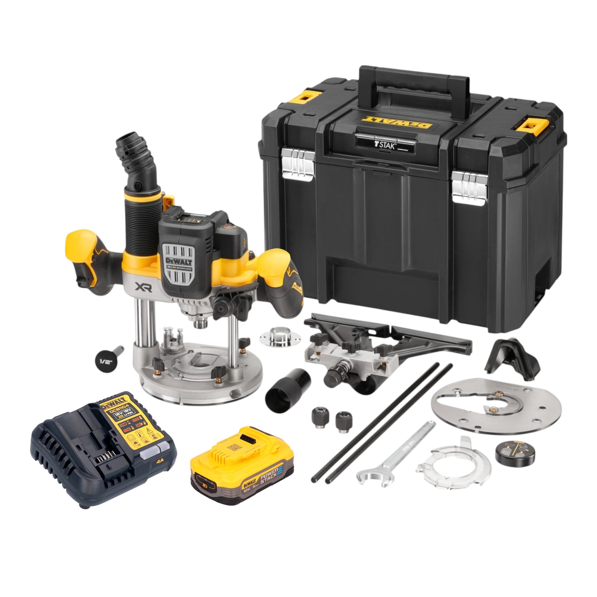 DeWalt DCW 620 H1T Akku Oberfraese 18 V 12 mm Brushless 1x Powerstack Akku 5 0 Ah Ladegeraet TSTAK 0 - toolbrothers