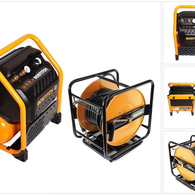 Bostitch RC10SQ-E Baustellen Kompressor 9,4 Liter / 1,5 PS / 13,78 Bar / 230 V extrem leise + CPACK30 Druckluftschlauch 30 m mit Aufwickler Haspel - Toolbrothers