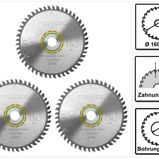 Festool Feinzahn Kreissägeblatt HW 160 x 20 x 2,2 mm W48 160 mm 48 Zähne ( 3 x 491952 ) - Toolbrothers