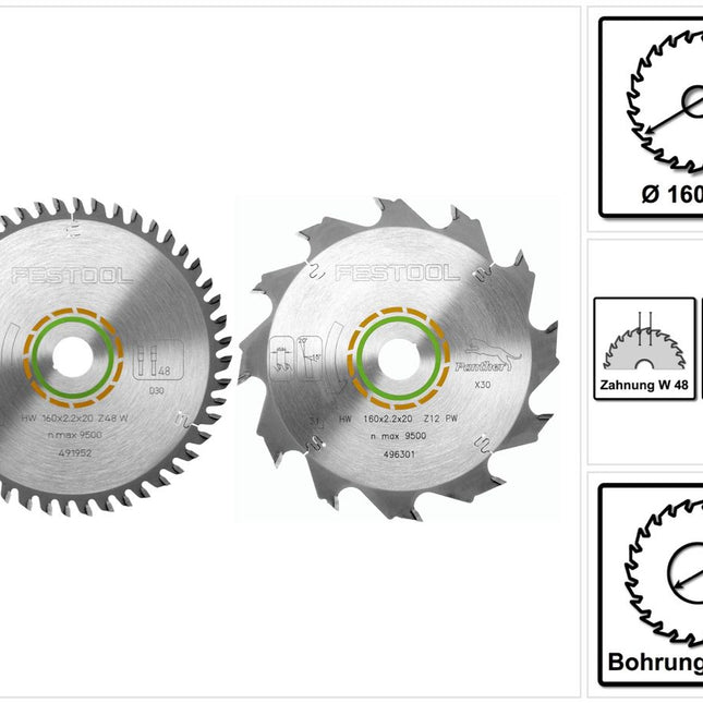 Festool Feinzahn Kreissägeblatt HW 160 x 20 x 2,2 mm W48 160 mm 48 Zähne ( 491952 ) + Festool Panther Kreissägeblatt HW 160 x 20 x 2,2 PW12 12 Zähne ( 496301 ) - Toolbrothers