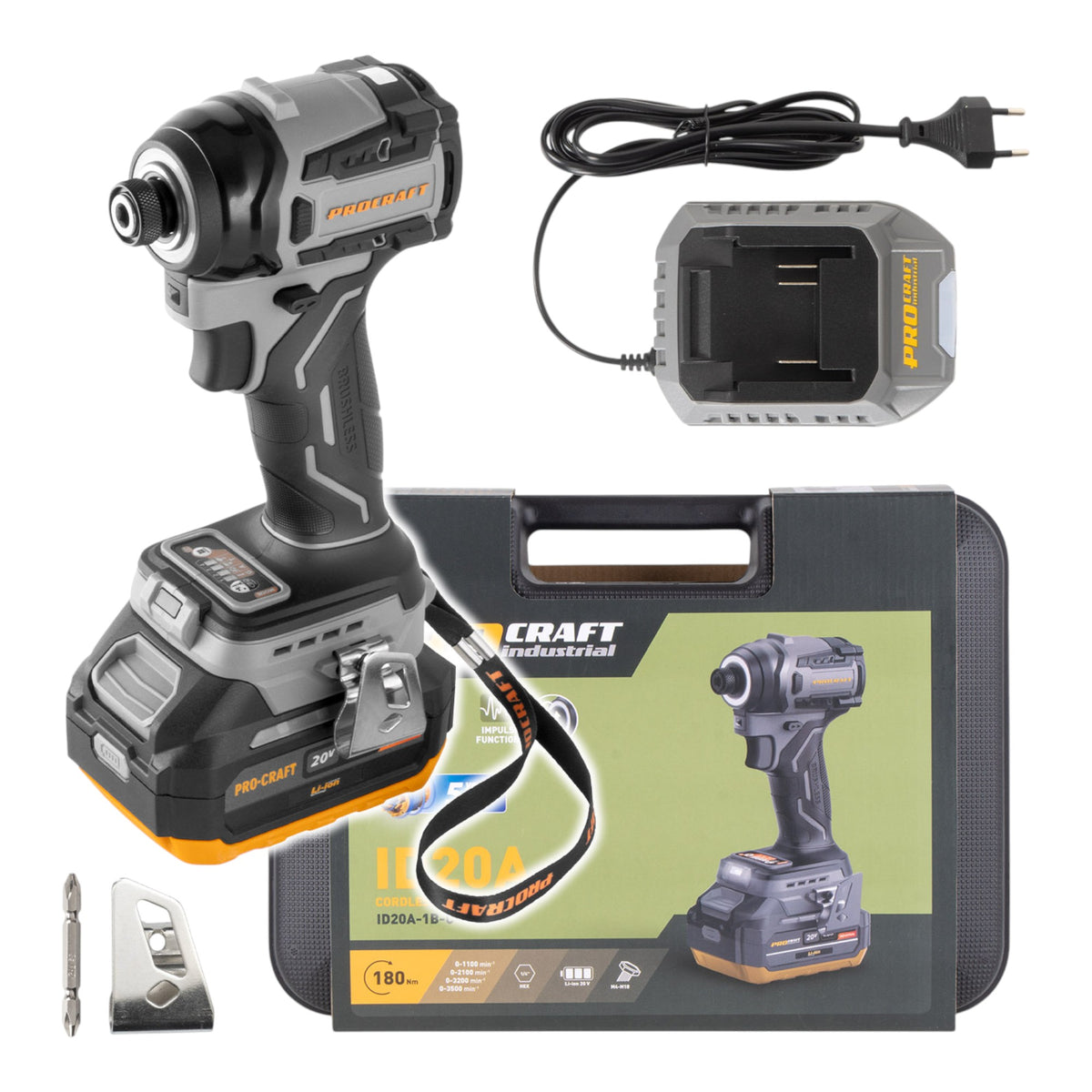 Procraft ID20A-1b Atornillador de impacto a batería 20 V 180 Nm 1/4" + 1 batería 4,0 Ah + cargador + maletín