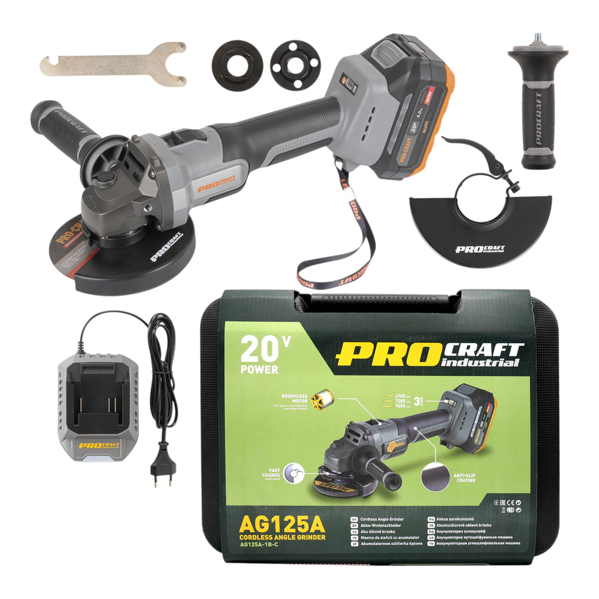 Procraft Industrial AG125A Amoladora angular a batería 20 V 125 mm sin escobillas + 1 batería de 4,0 Ah + cargador + maletín
