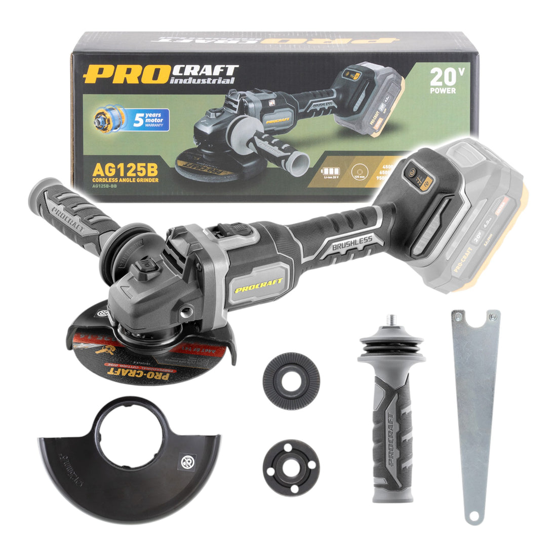 Amoladora angular a batería Procraft Industrial AG125Bbb 20 V 125 mm sin escobillas Solo - sin batería, sin cargador
