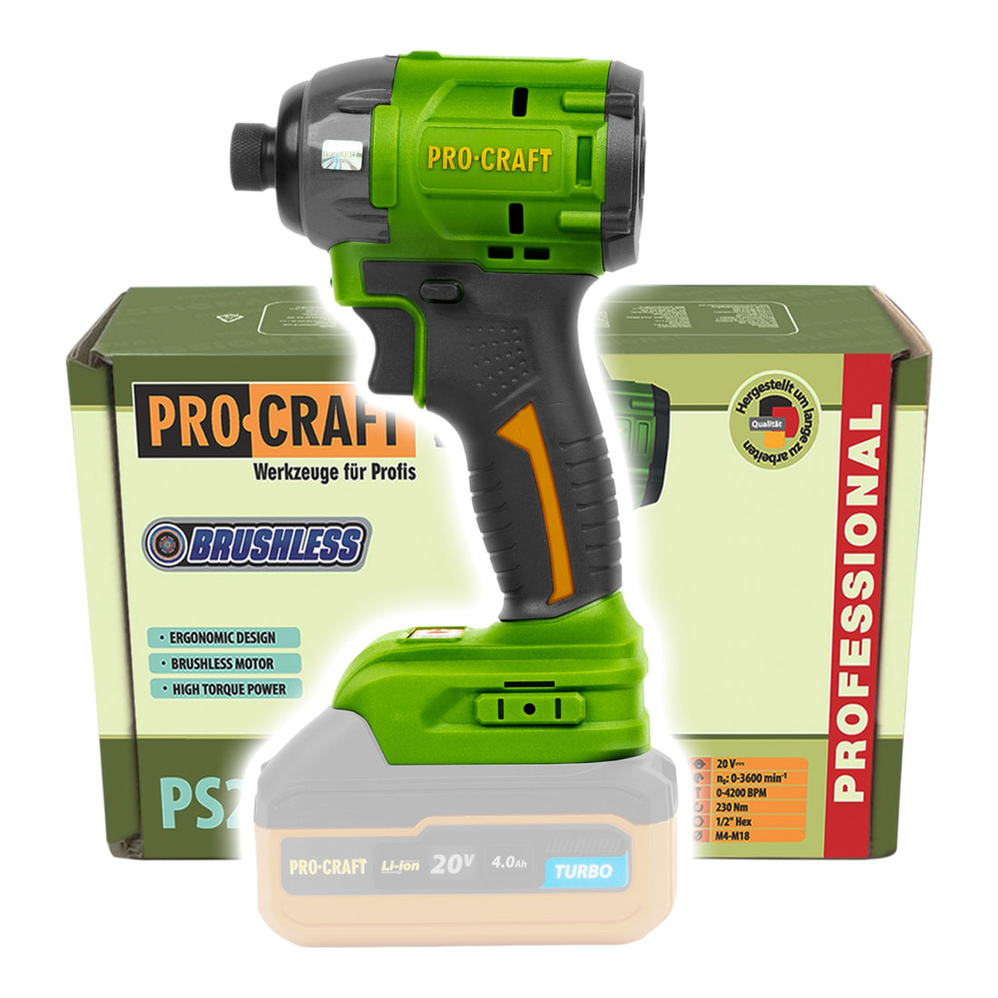 Atornillador de impacto a batería Procraft PS22bb 20 V 230 Nm 1/2" sin escobillas Solo - sin batería, sin cargador