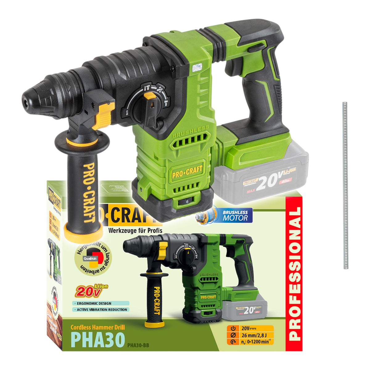Martillo perforador a batería Procraft PHA30bb 20 V 2,8 J SDS plus Brushless Solo - sin batería, sin cargador
