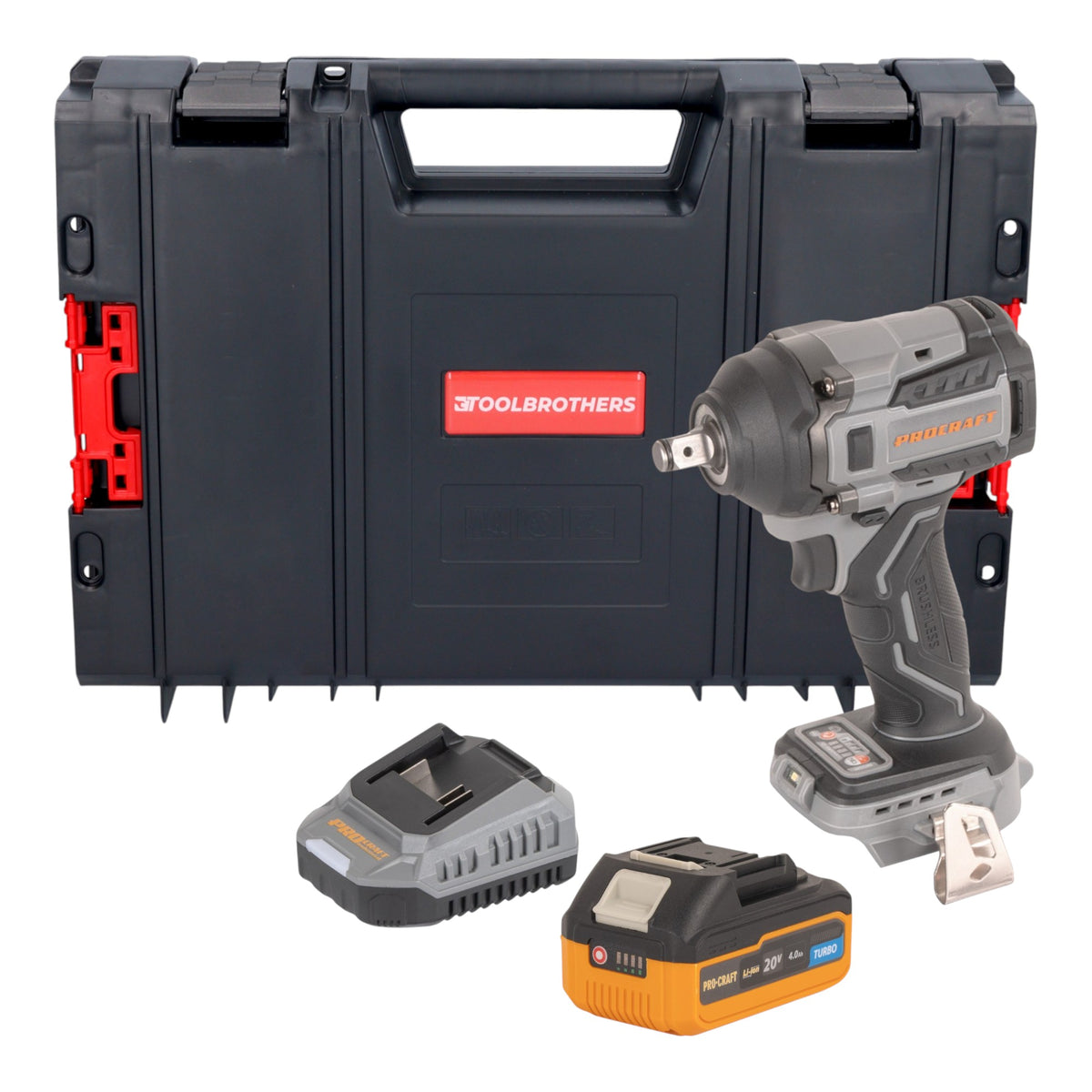 Procraft Industrial IW550Abb Atornillador de impacto a batería 20 V 550 Nm 1/2" + 1 batería 4,0 Ah + cargador + maletín RHINO Toolcase