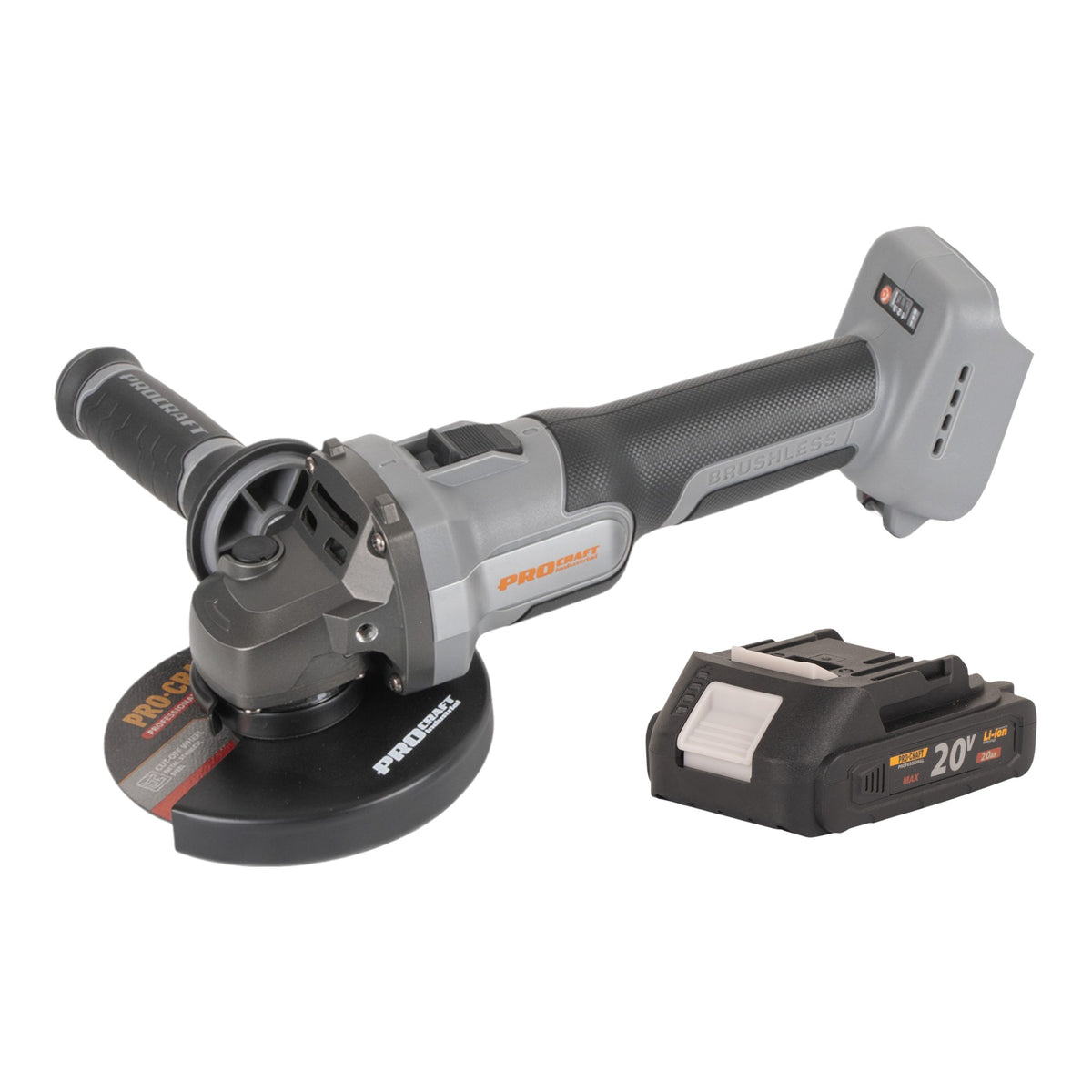 Procraft Industrial AG125Abb Amoladora angular a batería 20 V 125 mm sin escobillas + 1 batería 2,0 Ah - sin cargador