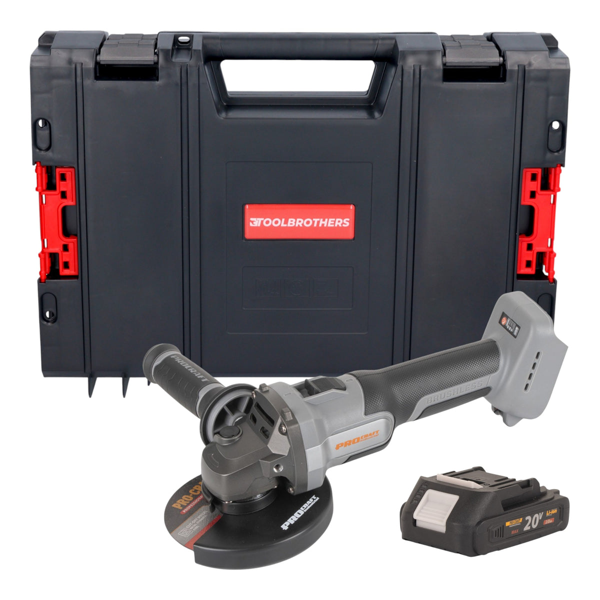 Amoladora angular a batería Procraft Industrial AG125Abb 20 V 125 mm sin escobillas + 1 batería de 2,0 Ah + maletín RHINO Toolcase - sin cargador